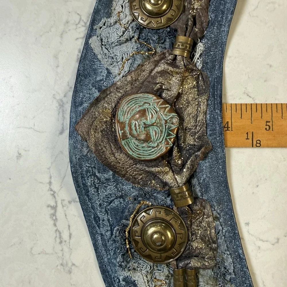 VTG Blue Suede Leather Belt Y2K Boho Festival Aztec Renaissance Made Italy M